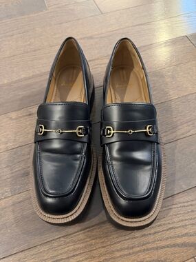 Sam Edelman Black Leather Loafers with Gold Bit Detail, Size 10
